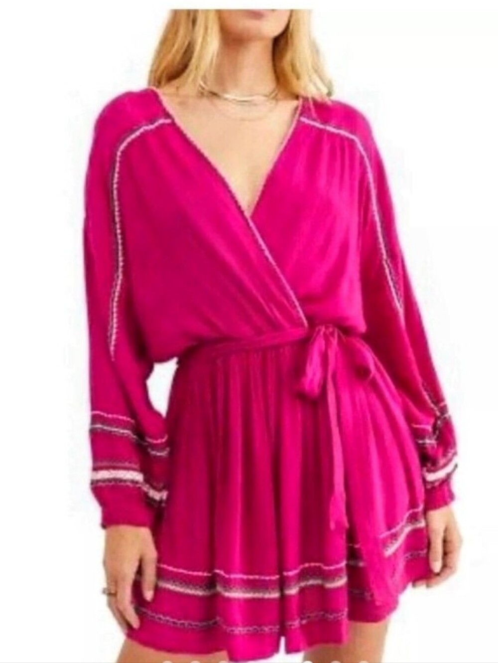 Free People Delilah Hot Pink Embroidered V-Neck Mini Dress sz XS